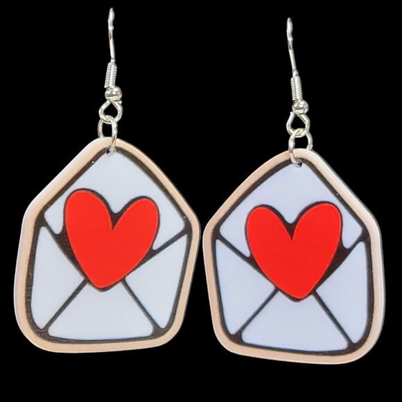 Valentines Day Earrings Heart Envelope Red White Dangle‎ Gift for Her Jewelry - Picture 1 of 3